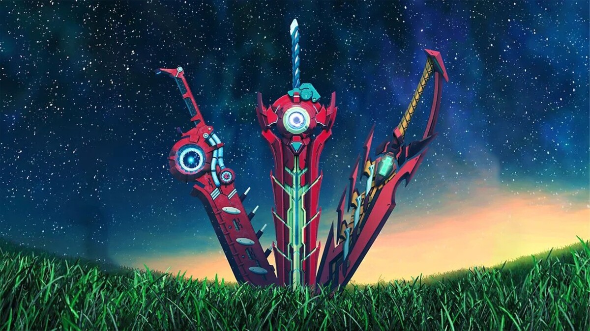 The Monado, Aegis, and Lucky Seven from the Xenoblade trilogy