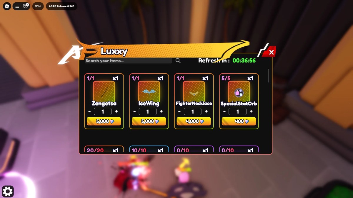 Preview of the Luxxy's Shop with Unit Evolution materials available in it in the Anime Fantasy: RE Roblox experience.